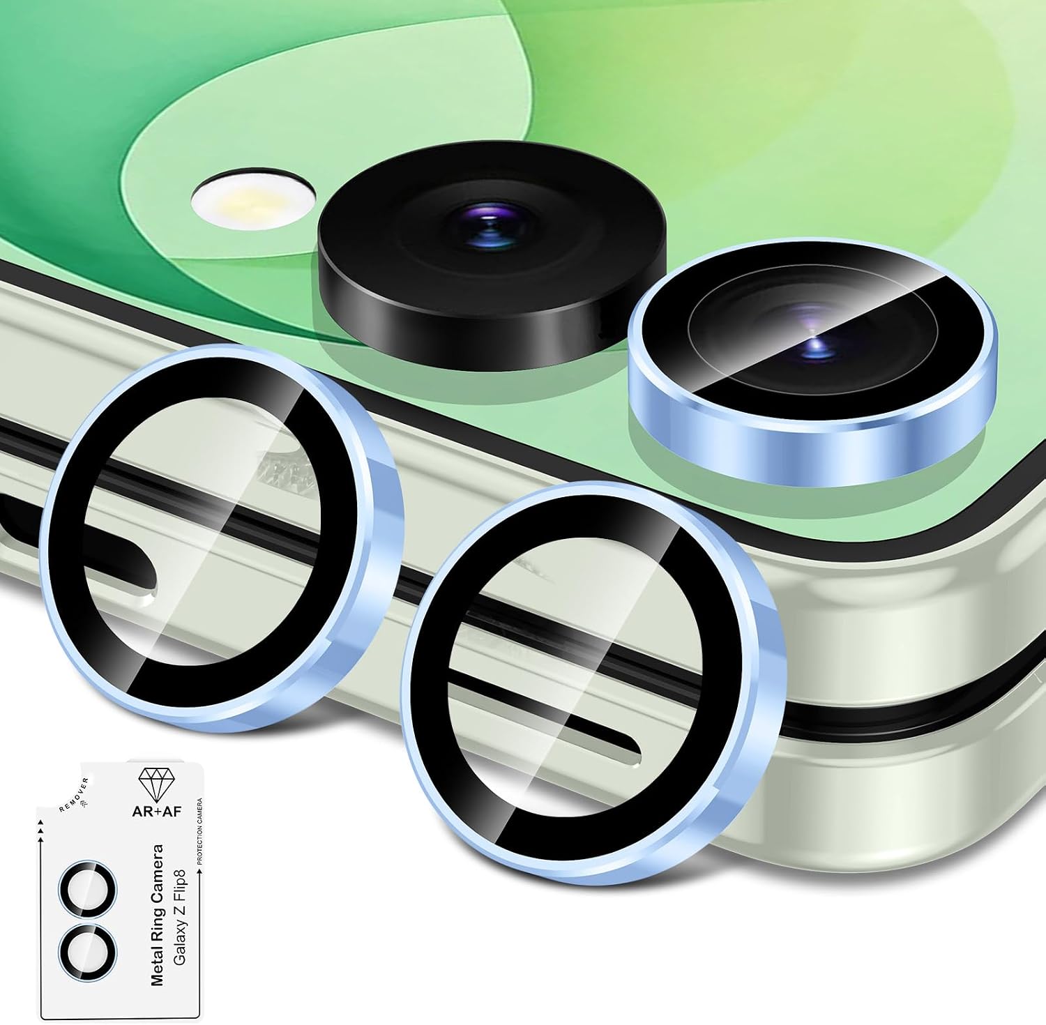 for Samsung Galaxy Z Flip 8 Camera Lens Protector, Individual Metal Ring Tempered Glass Lens Cover, [Strong Adsorption] Scratch Resistant Ultra-Thin HD Clear Lens Cover, 1 Set-Blue Ring