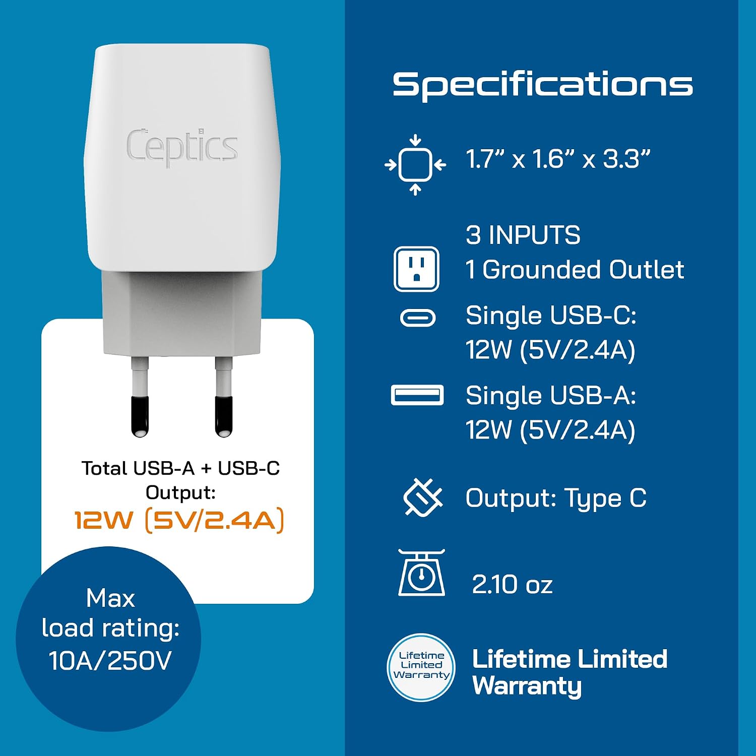 Ceptics European Plug Adapters Combo - Type C, E/F - USB-A + USB-C