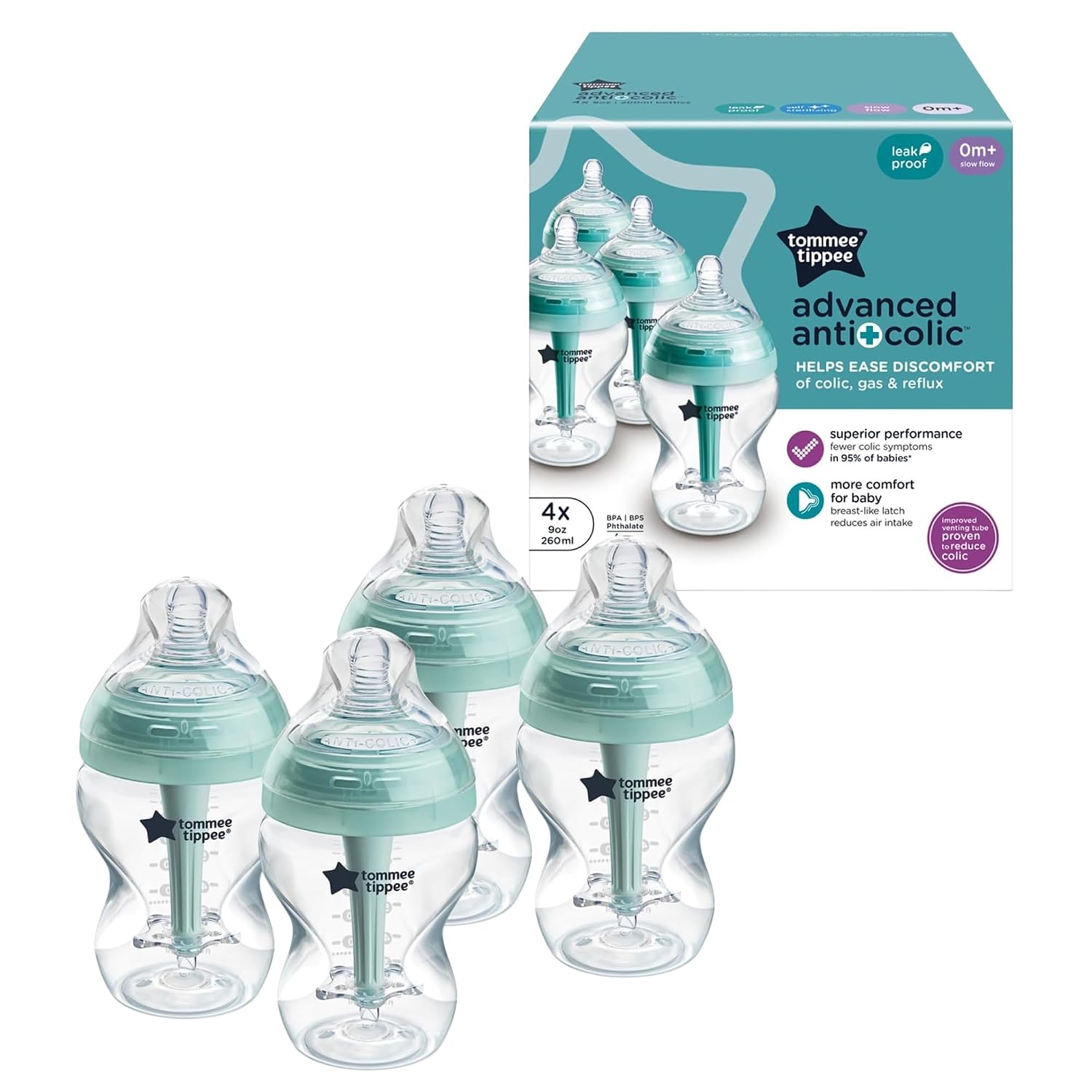 Tommee Tippee Advanced Anti-Colic Baby Bottles, Newborn 0m+, 9oz
