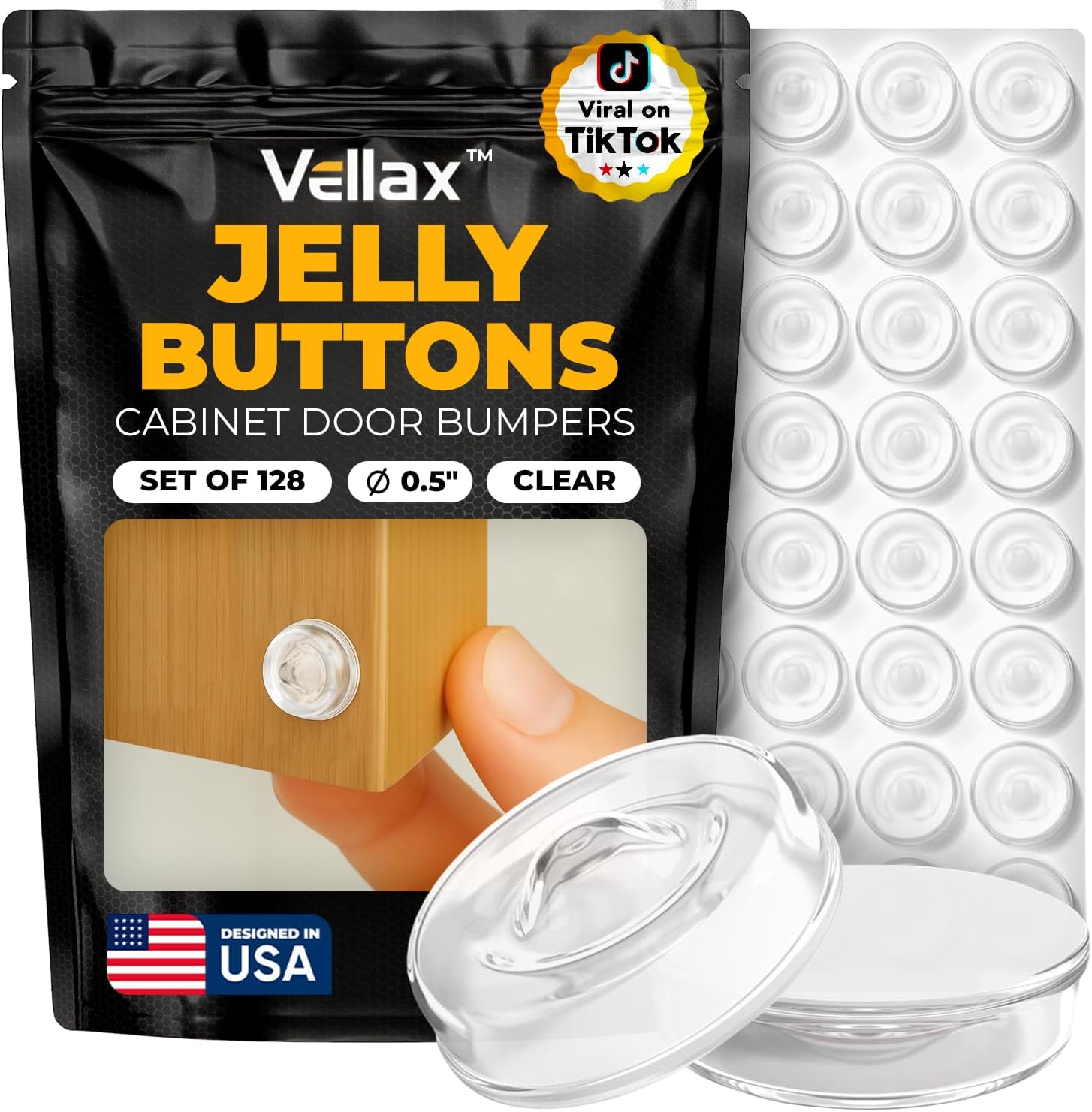 Vellax 128-Pack Clear Silicone Cabinet Bumpers, Self Adhesive Sticky Pads