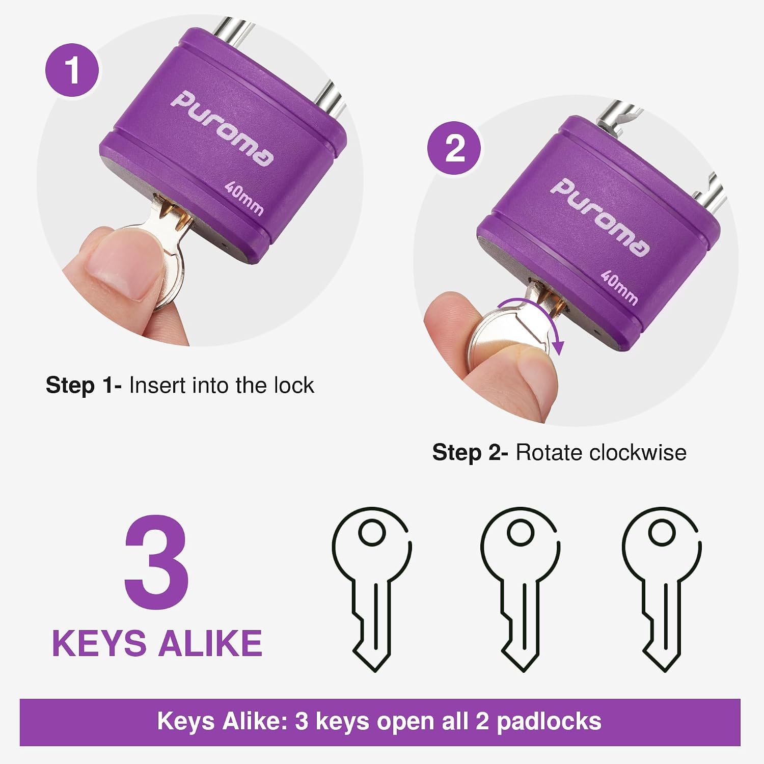 Puroma 2 Keyed Padlock with 3 Keys 7/8" School Locker Lock Gate 40mm Purple