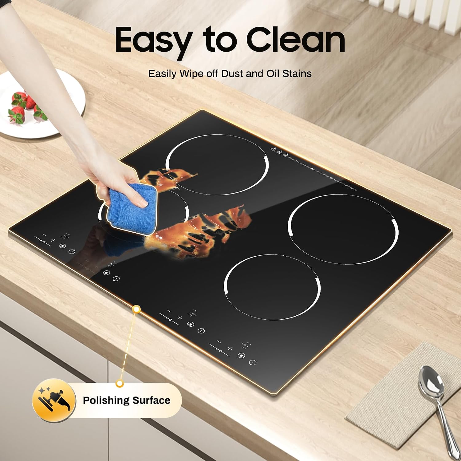 3000W 110V Electric Cooktop 4 Burners, 24 Inch Portable Built-In Countertop Ceramic Stove Top Built-in Cooktop Sensor Touch Control with Safety Lock & Timer 9 Power Levels (NO PLUG)