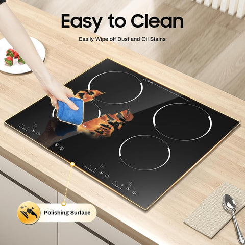 3000W 110V Electric Cooktop 4 Burners, 24 Inch Portable Built-In Countertop Ceramic Stove Top Built-in Cooktop Sensor Touch Control with Safety Lock & Timer 9 Power Levels (NO PLUG)