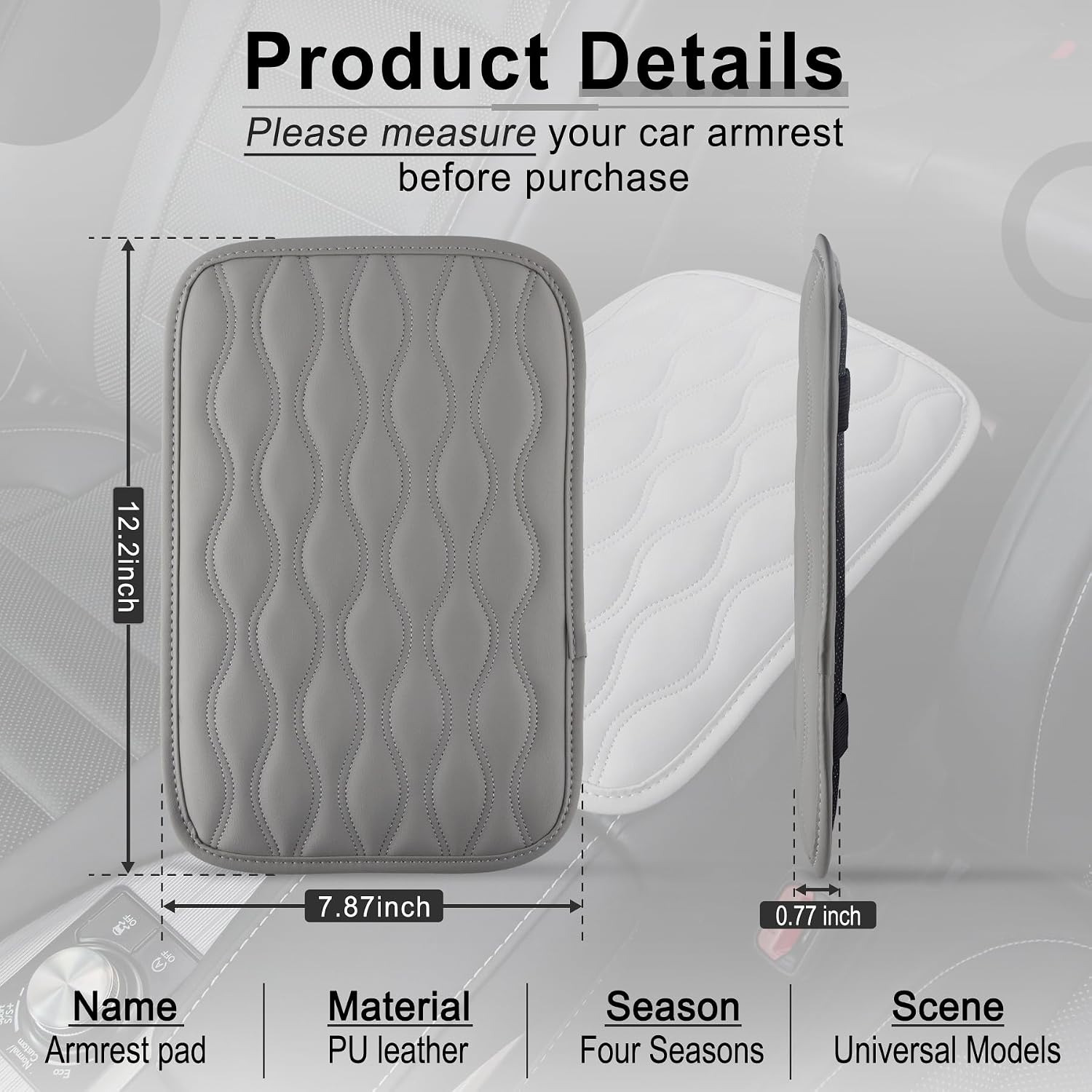 Amiss Car Center Console Cover, Upgraded Leather Car Armrest Cushion, Universal Waterproof Cushion Pad, Non-Slip Car Interior Accessories, Fits Most Sedans SUVs Trucks (Gray)