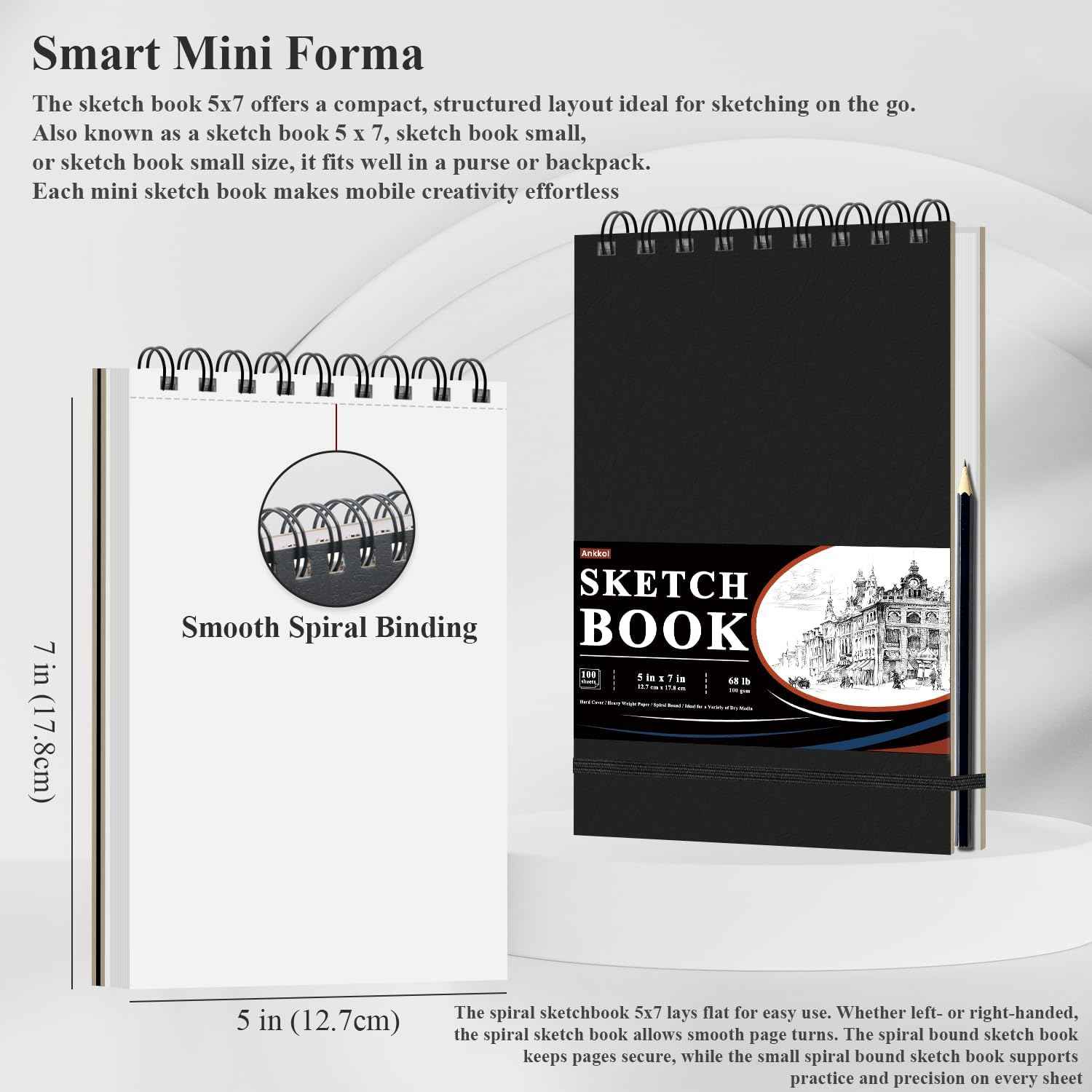Ankkol Spiral Sketchbook 5x7, Small Sketch Book Hard Cover -100 Sheets, 68lb/100gsm Mini Drawing Pad Paper, Lay-Flat Mini Travel Sketchbook & Stocking Stuffer for Artist and Sketching Supplies.