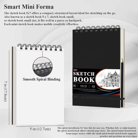 Ankkol Spiral Sketchbook 5x7, Small Sketch Book Hard Cover -100 Sheets, 68lb/100gsm Mini Drawing Pad Paper, Lay-Flat Mini Travel Sketchbook & Stocking Stuffer for Artist and Sketching Supplies.