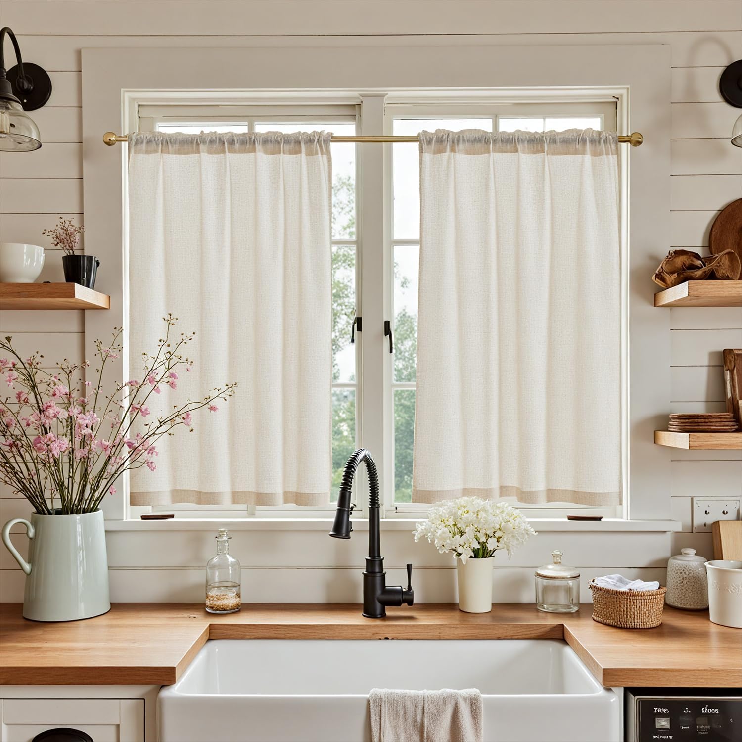 jinchan Beige Rustic Linen Rod Pocket Kitchen Curtains, 26x36, 2 Panels