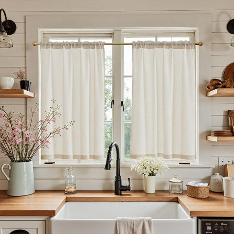 jinchan Beige Rustic Linen Rod Pocket Kitchen Curtains, 26x36, 2 Panels