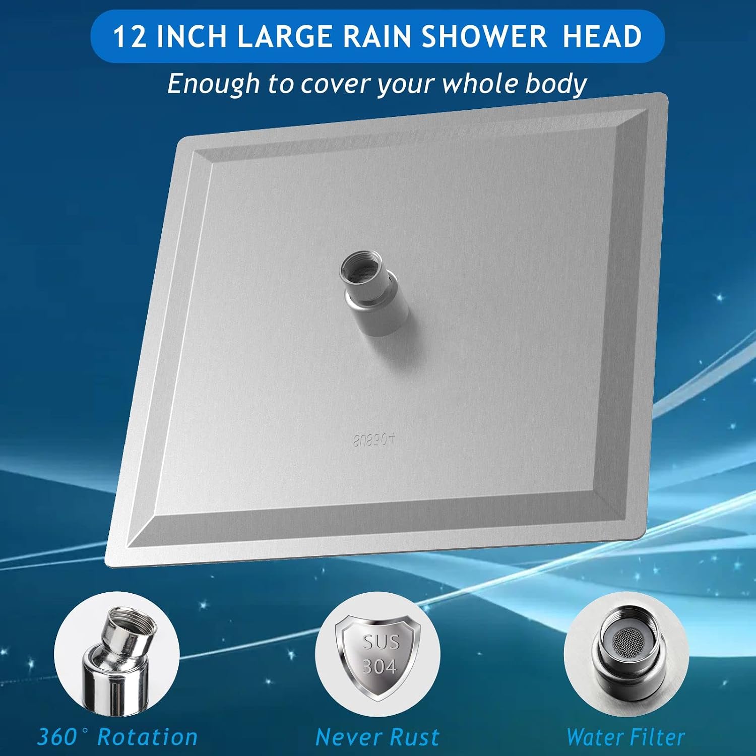 Voolan Rain Shower Head - High Flow Large Rainfall Shower Heads Made of Stainless Steel - Waterfall Bathroom Square Showerhead - Ceiling or Wall Mount (12" Brushed Nickel)