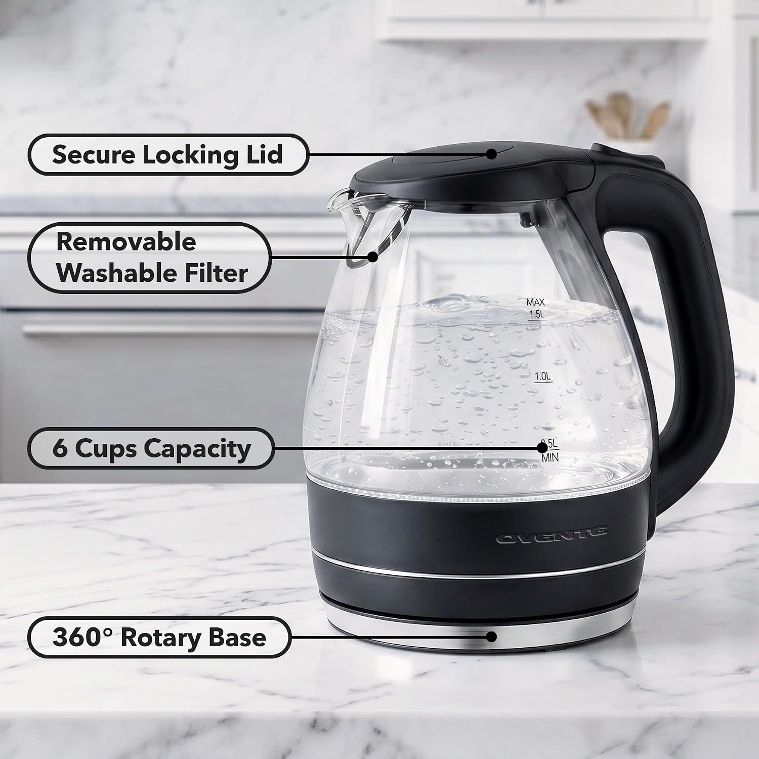 OVENTE 1.5L Glass Electric Kettle Water Boiler, Black KG83B