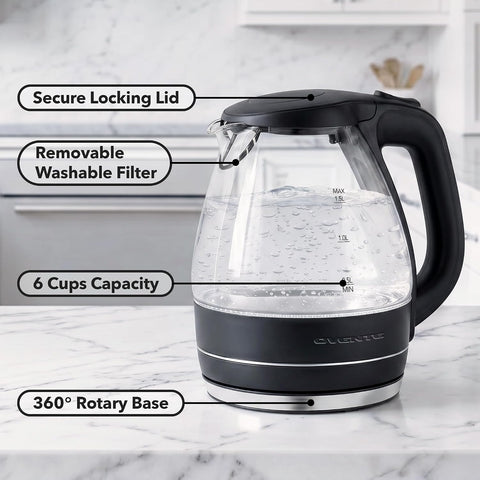 OVENTE 1.5L Glass Electric Kettle Water Boiler, Black KG83B