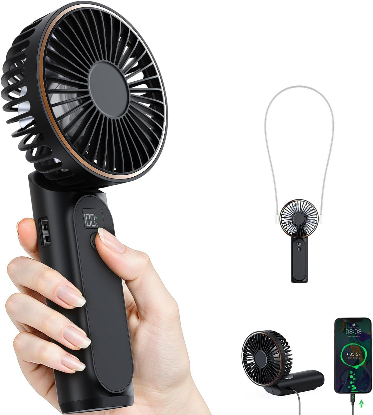 TUNISE Portable Handheld Fan, Portable Fan Rechargeable, 4000mAh, 180° Adjustable, 6 Speed Wind, Display Electricity in Real Time, USB Rechargeable Foldable F an, Quiet Personal Fan as Power Bank
