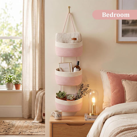 TeoKJ Over the Door Hanging Storage Basket 3 Tier Wall Organizer White&Pink
