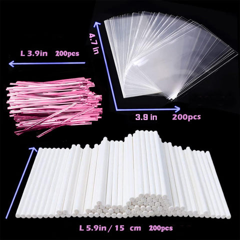 Basquei Cake Pop Sticks 6 Inches, Cake Pop Bags (3.9"X4.7"), Pink Metallic Twist Ties, 600 Pcs Cake Pop Kit Used for, Lollipops Cake, Candies, Chocolates Making Tools