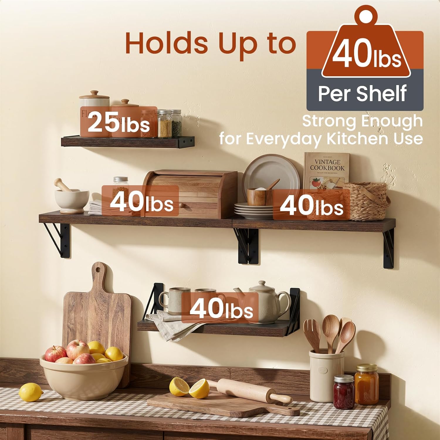 BAYKA Wall Mounted Floating Shelves (Rustic Brown, Set of 4, 16" Mixed)