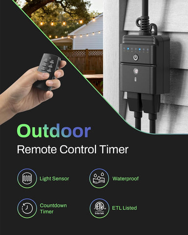 BN-LINK Outdoor Timer for Lights, 100FT Remote Control