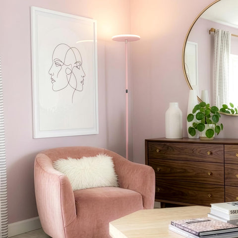 Brightech Sky LED Floor lamp, Torchiere Super Bright Floor Lamp for Living Room Decor & Office - Dimmable, Tall Standing Lamp with Warm Light for Bedroom & Reading - Matte Pink