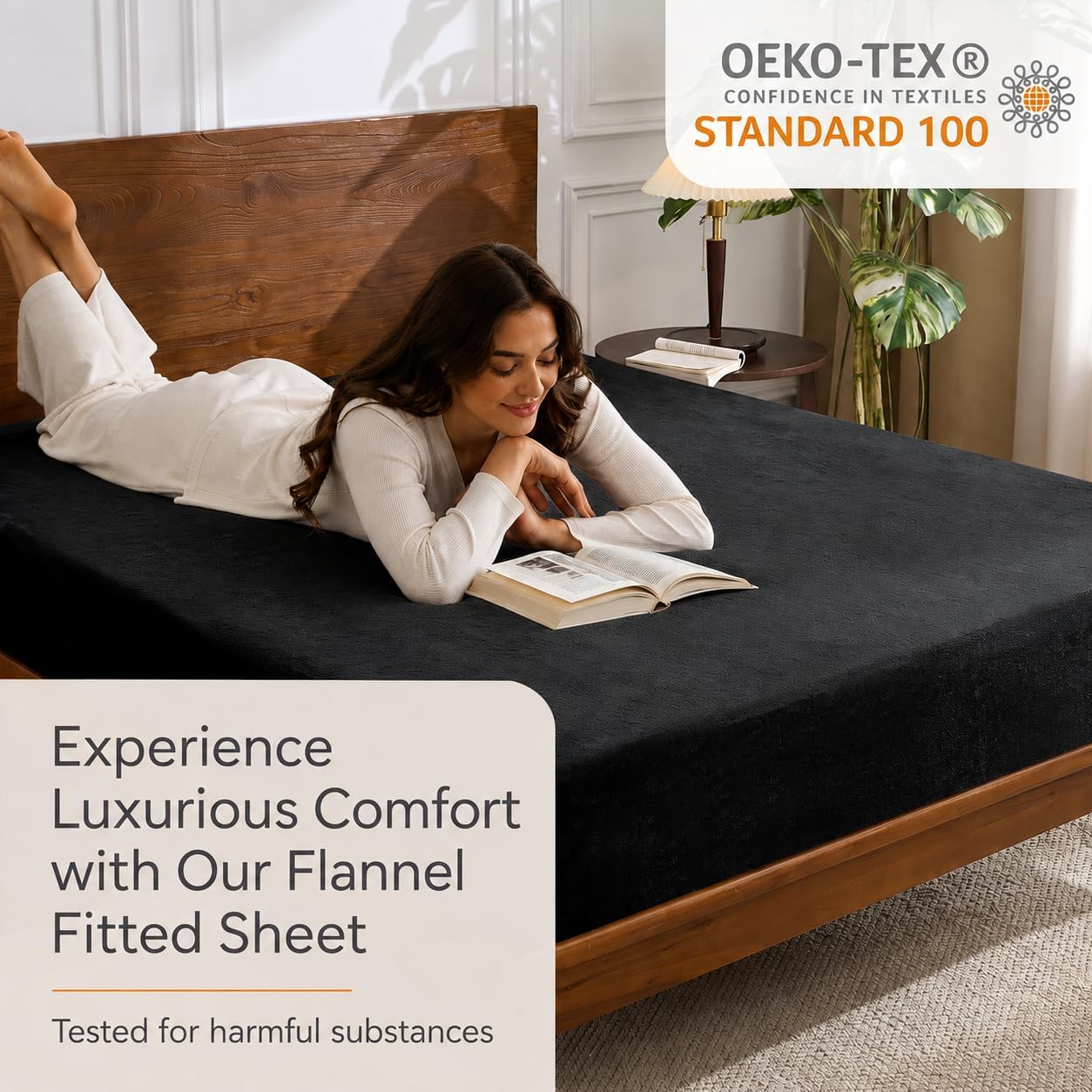 Cathay Home Queen Size Flannel Plush Fitted Sheet Only, Black