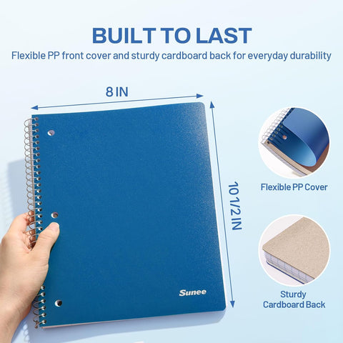 SUNEE Spiral Notebook, 1-Subject, Graph Ruled Paper, 8" x 10-1/2", 100 Sheets per Notebook, 3-Hole Punched Paper, Water Resistant Cover, Spiral Grid Notebooks for Work, Home, School, Dark Blue