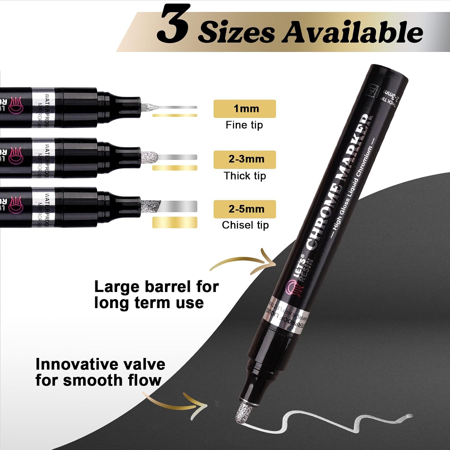 LET'S RESIN 6Pcs Mirror Chrome Markers,3 Sizes Shiny Chrome Paint Pen