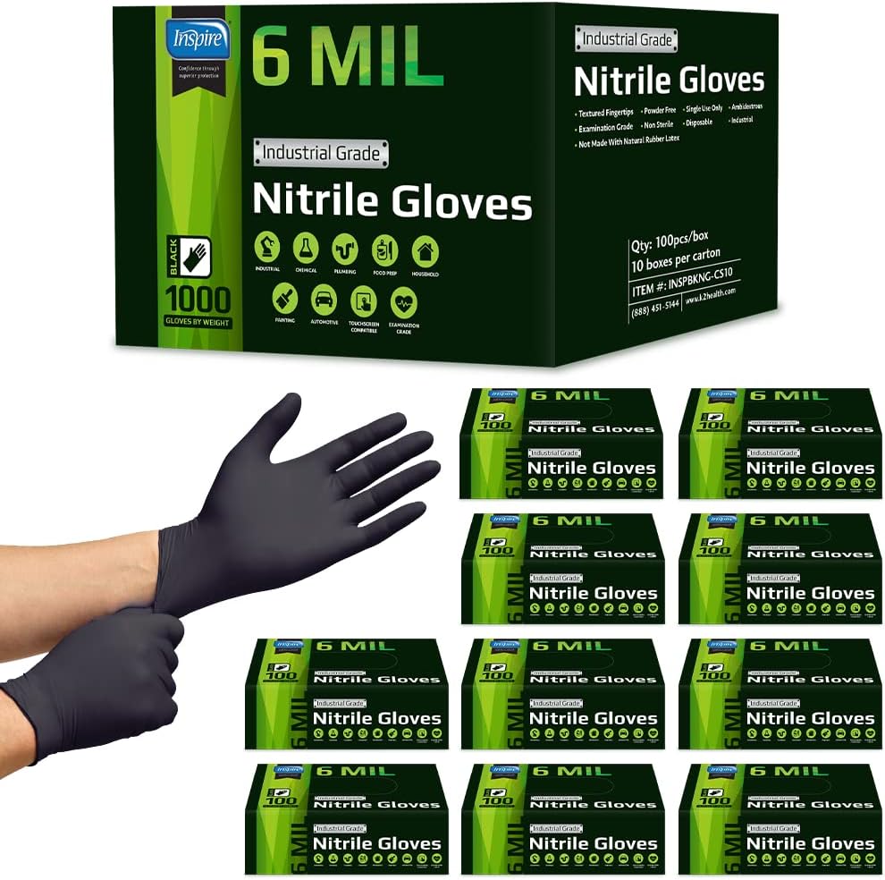 Inspire 6 or 8 Mil HEAVY DUTY Stretch Nitrile Black Gloves Disposable Latex Free
