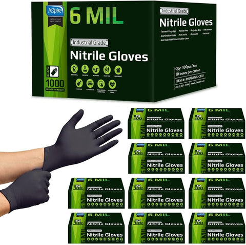 Inspire 6 or 8 Mil HEAVY DUTY Stretch Nitrile Black Gloves Disposable Latex Free