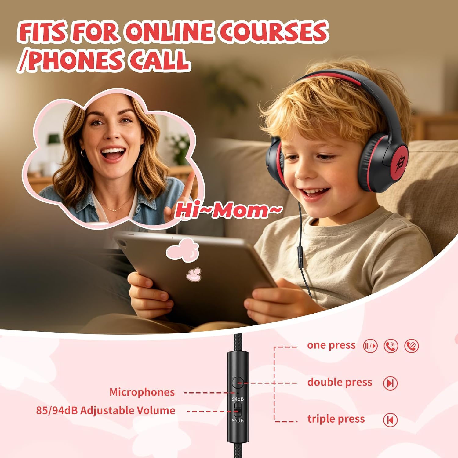 USB C Headphones Wired for Kids, 85/94dB Volume Limit With Mic, Black Red