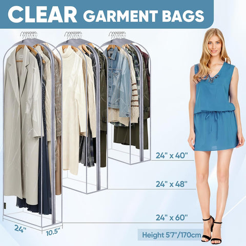 BALEINE 3PK Clear Garment Bags for Hanging Clothes, 48" Dress Suit Bag