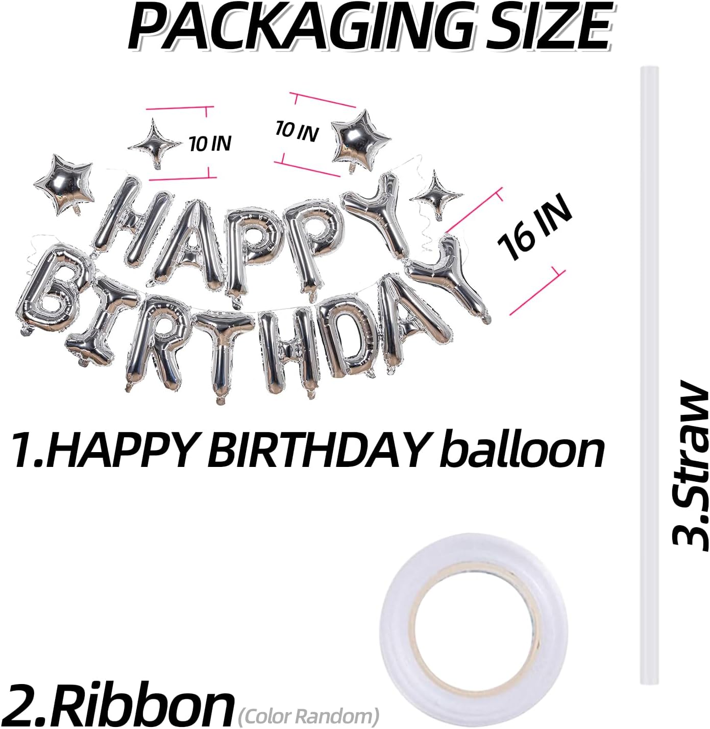 Silver Happy Birthday Balloons Banner Sign Mylar letter Party Decoration