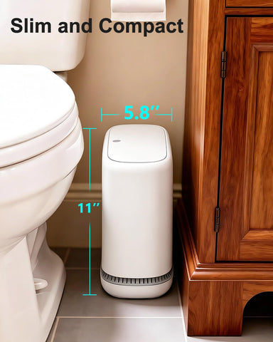 2.3 Gallon Slim Small Bathroom Trash Can with Lid, White Dog Proof Garbage Can with Air-Press Bag Expander & Removable Bucket, Narrow Bathroom Waste Basket for Bedroom, Office, Dorm