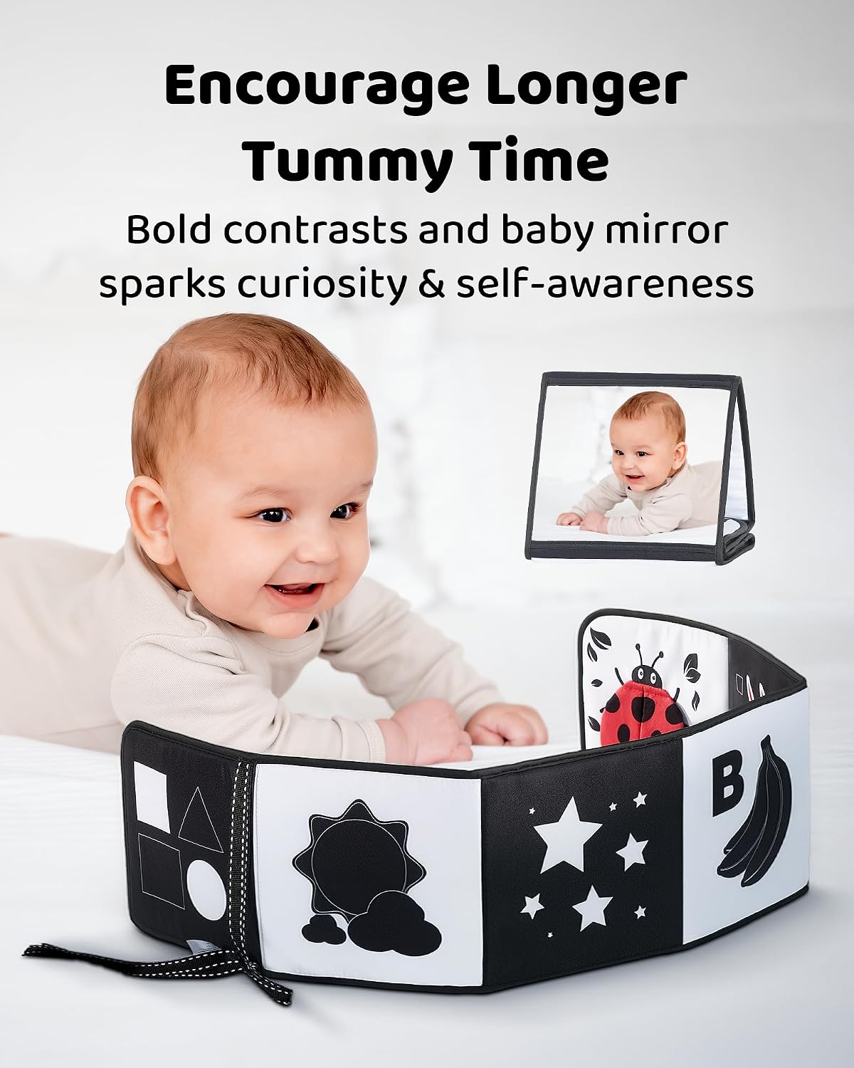 Infinno High Contrast Baby Book, Black and White, Tummy Time Mirror Toy