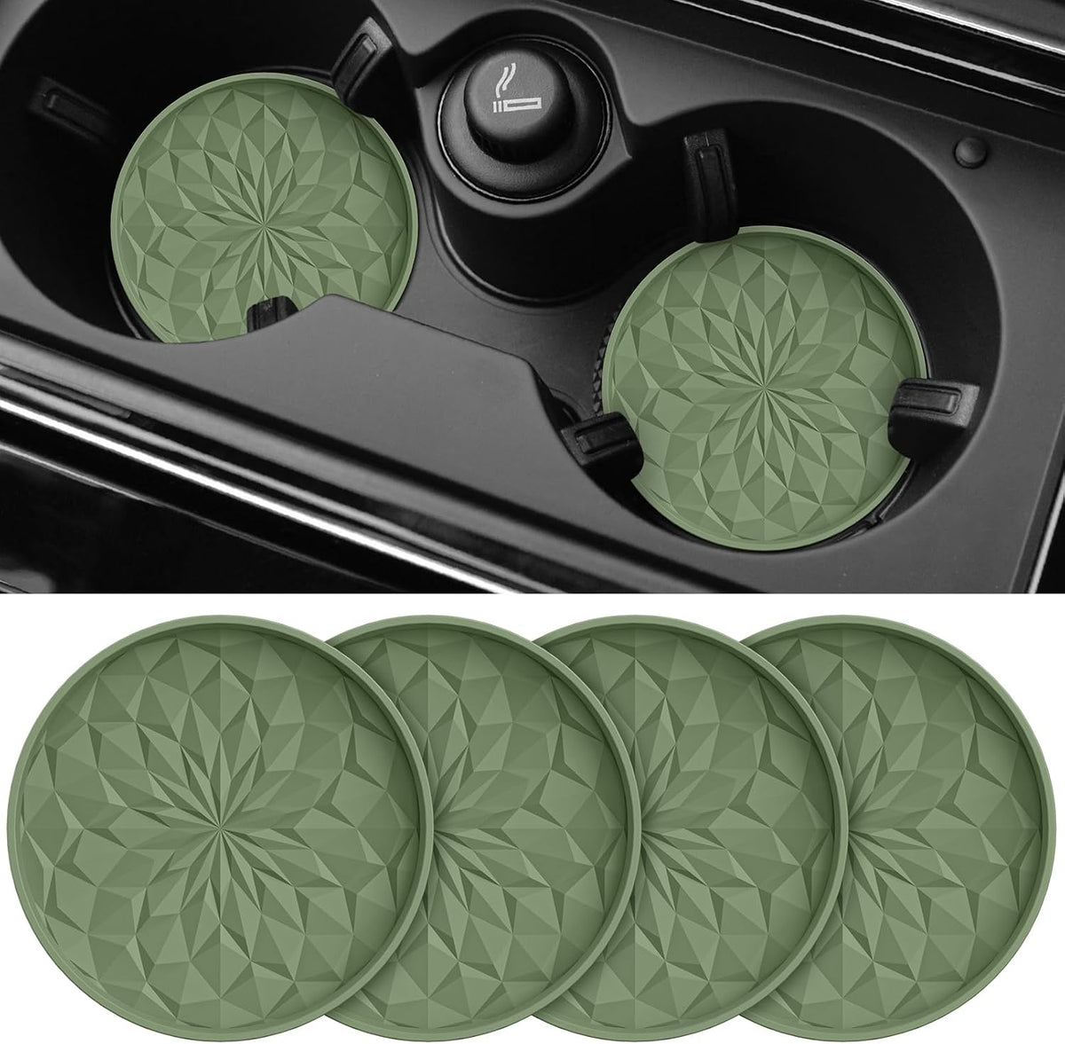 ME.FAN Car Coasters for Cup Holders [4 Pack] - 2.75In Silicone Auto Mug Mats - Universal Non-Slip Recessed Car Interior Accessories Olive Green
