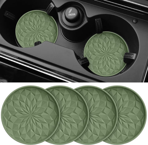 ME.FAN Car Coasters for Cup Holders [4 Pack] - 2.75In Silicone Auto Mug Mats - Universal Non-Slip Recessed Car Interior Accessories Olive Green