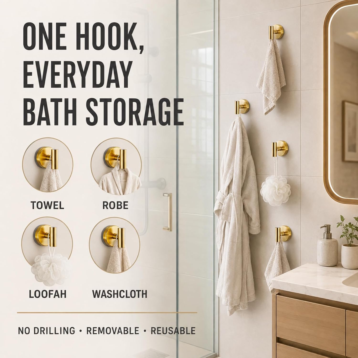 Suction Cup Hooks for Shower - Bathroom Reusable Towel Hooks