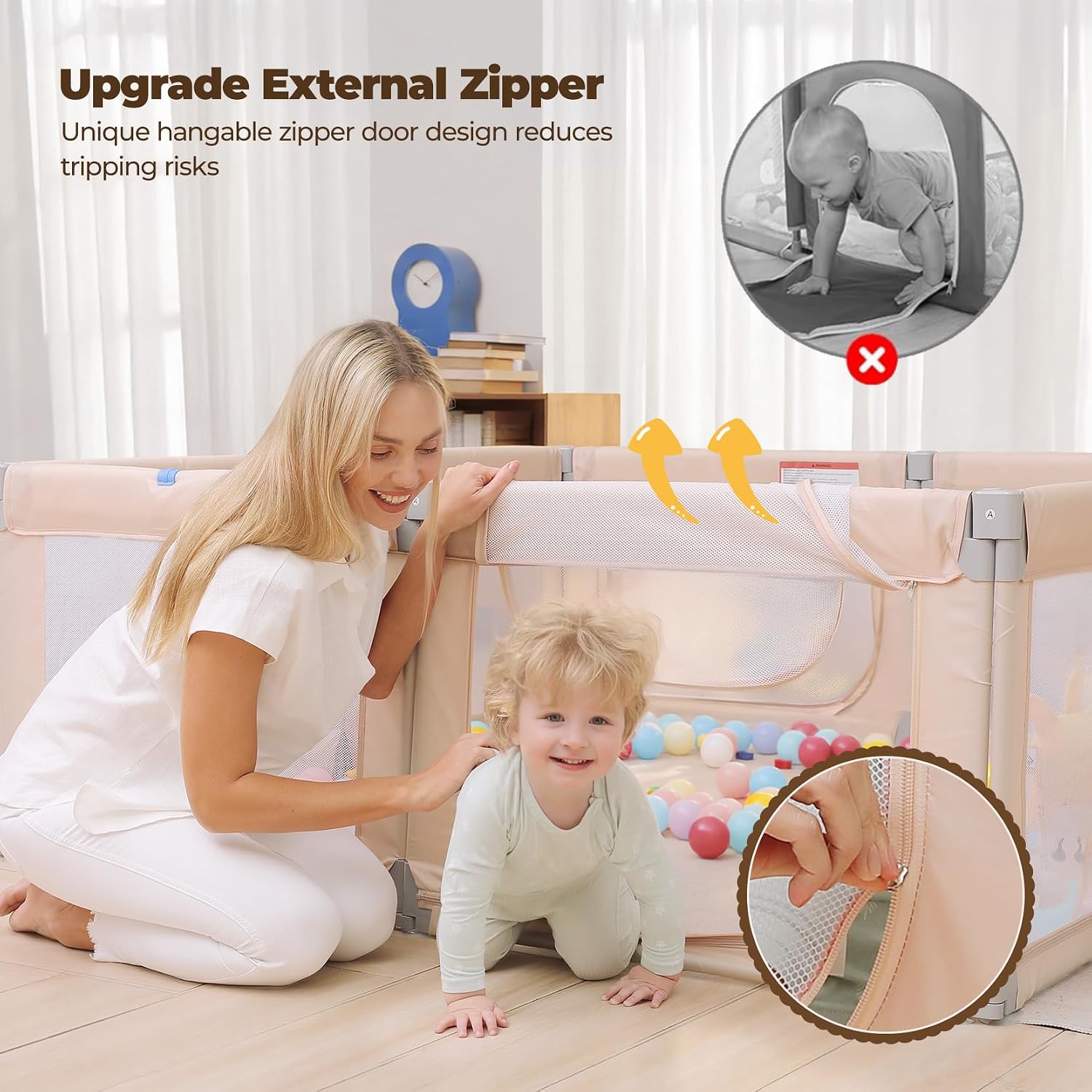 Kidirect Foldable Baby Playpen, 47"×49", Khaki