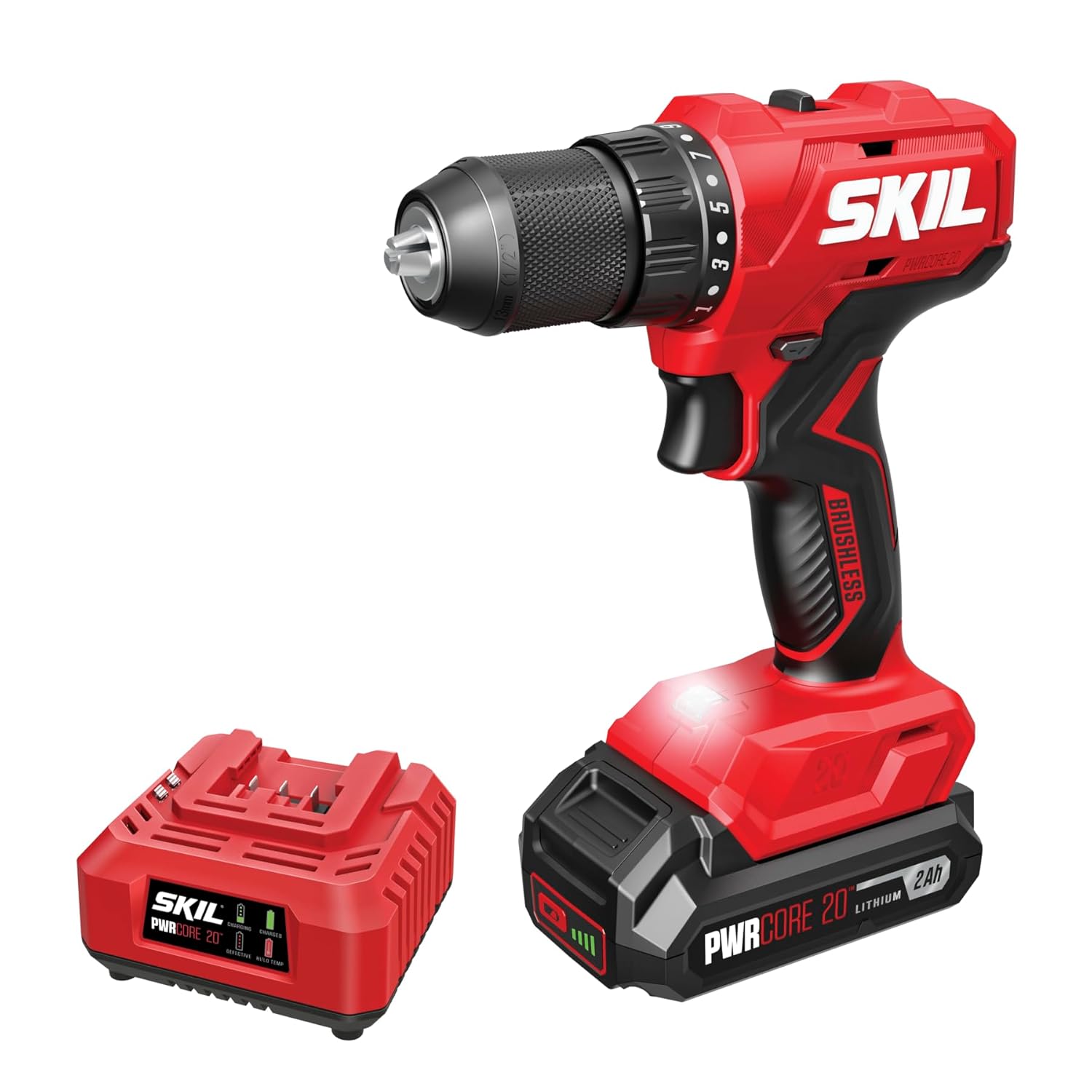 SKIL PWR CORE 20 Brushless 20V 1/2-Inch Drill Driver Kit, Includes 2.0 Ah Battery and Charger - DL6280B-10