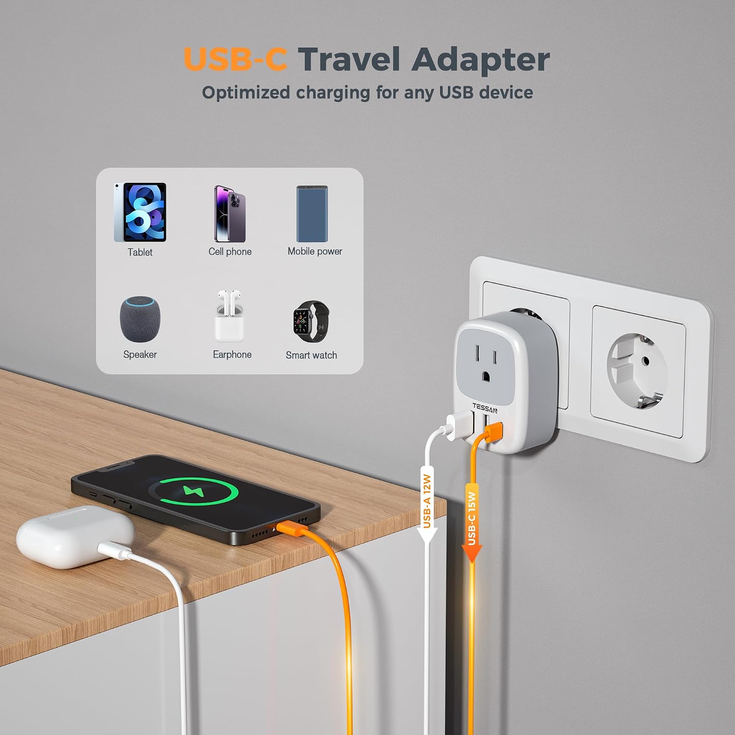 TESSAN 3 Pack US to European Travel Plug Adapter with 3 USB Ports (1 USB C)