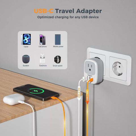 TESSAN 3 Pack US to European Travel Plug Adapter with 3 USB Ports (1 USB C)