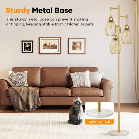 Dimmable Floor Lamp,3x800LM LED Bulbs Included, Farmhouse Industrial Floor Lamp Standing Tree Lamp with Teardrop Cage Head Tall Lamp for Living Room Bedroom Office Dining Room - Gold & Marble Base
