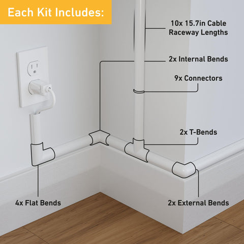 D-Line 157in Cord Cover Kit, Self-Adhesive Wire Hiders, Paintable Cable Raceway to Hide Wires on Wall, Electrical Cable Management - 10x 15.7 Lengths & 19 Accessories - 1.18" (W) x 0.59" (H) - White