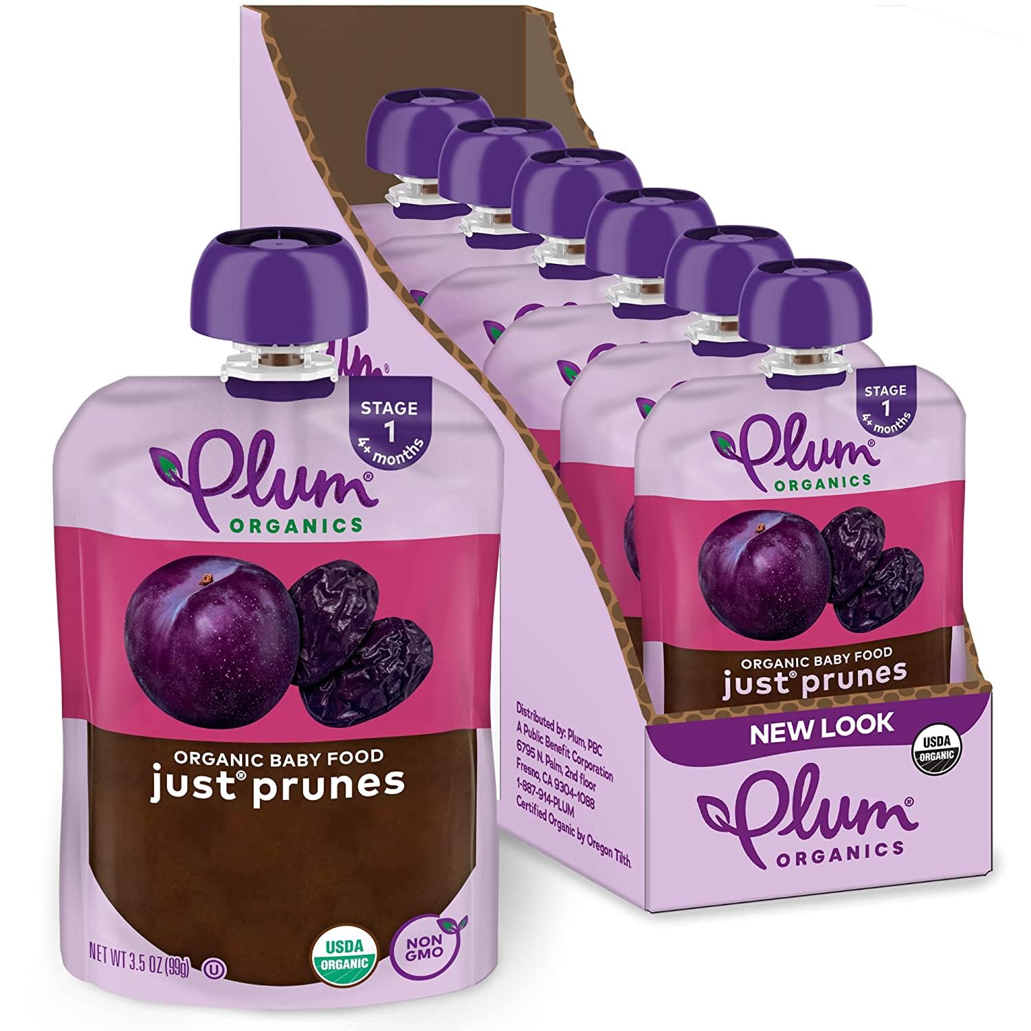 Plum Organics Just Prunes, 4+ Months Organic Baby Food Pouches, 6 Pack