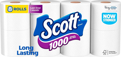 Scott 1000 Toilet Paper, 8 Rolls, Septic-Safe, 1-Ply Toilet Tissue