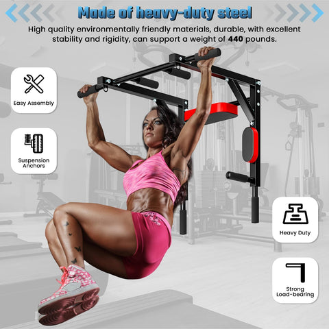 curfair Wall Mount Pull Up Bar Chin Up bar Dip Station Power Tower Dip Stand for Home Gym Workout, Strength Training Pull Up Bar Exercise Fitness Equipment Support to 440lbs Black