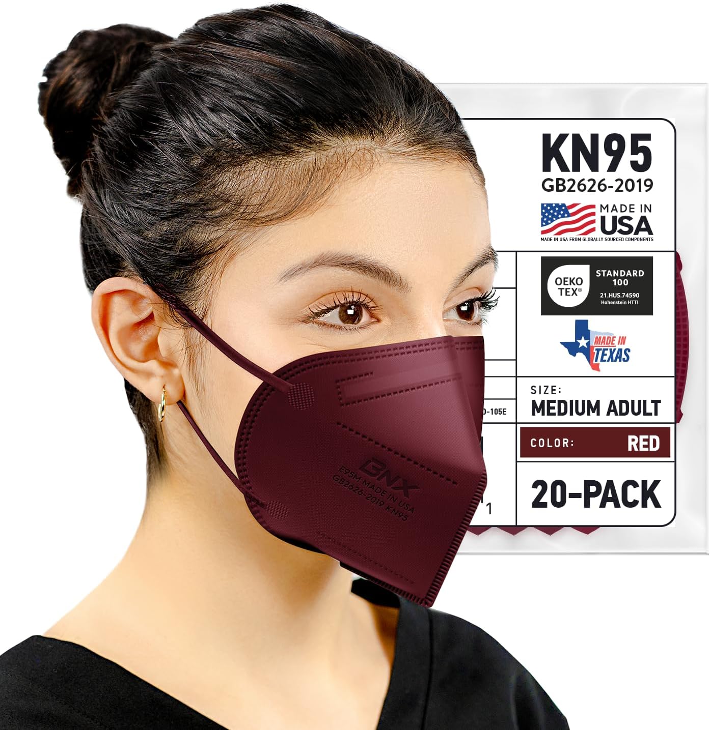 AccuMed BNX KN95 Face Masks Made in USA (Adult Large, Adult Medium, Kids Small) (Earloop) (Model: E95/E95M/E95S)