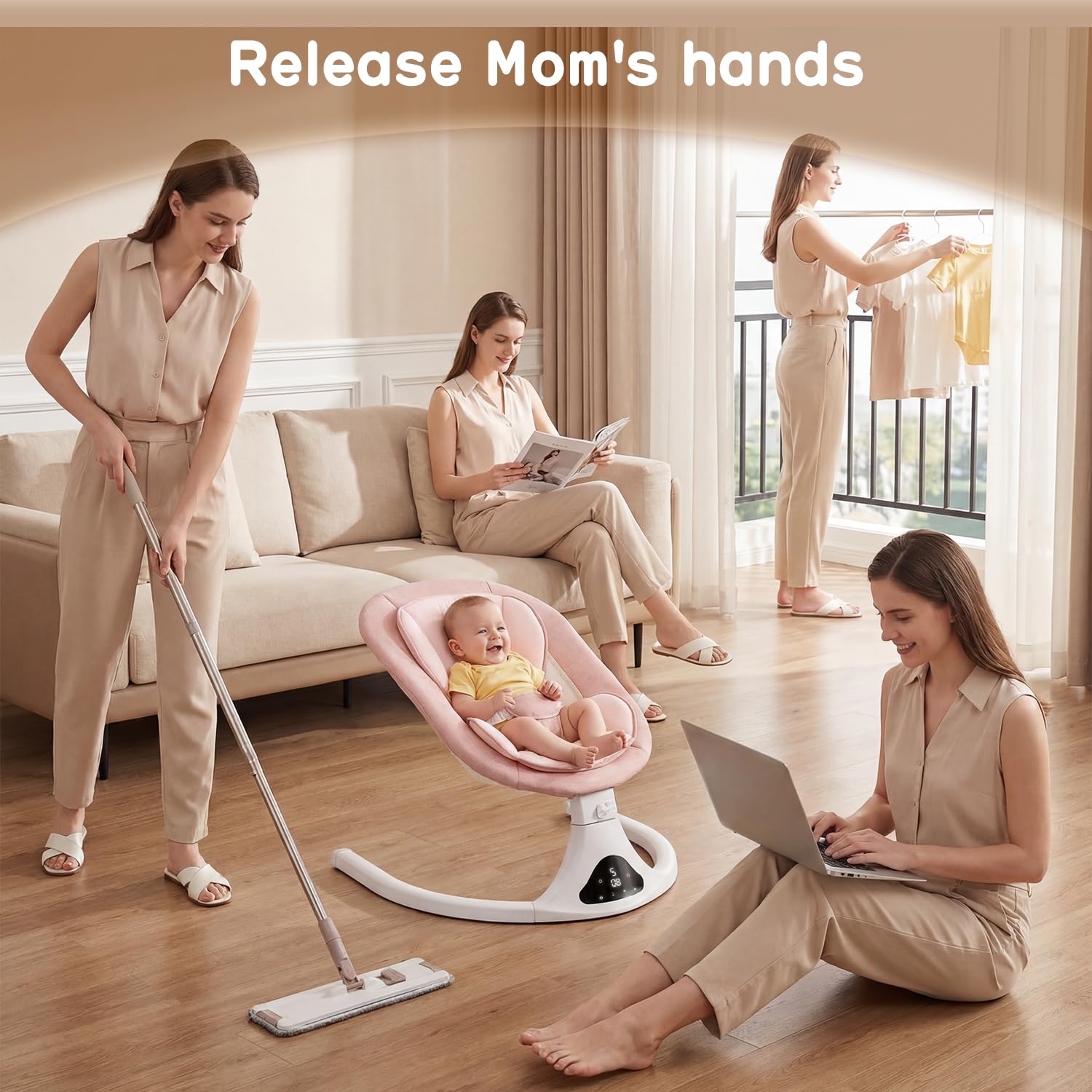 Electric Baby Swing with Remote Control,5 Speeds&Portable&Cozy(0-12M,Pink)