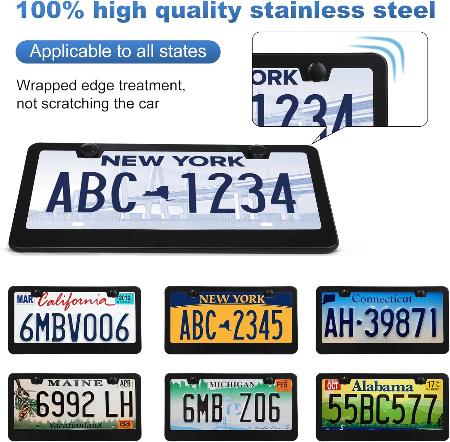 QUANQIUFEI 2 Pack License Plate Frames, Stainless Steel Car License Plate Cover Car Accessories with Screw Caps (Black)