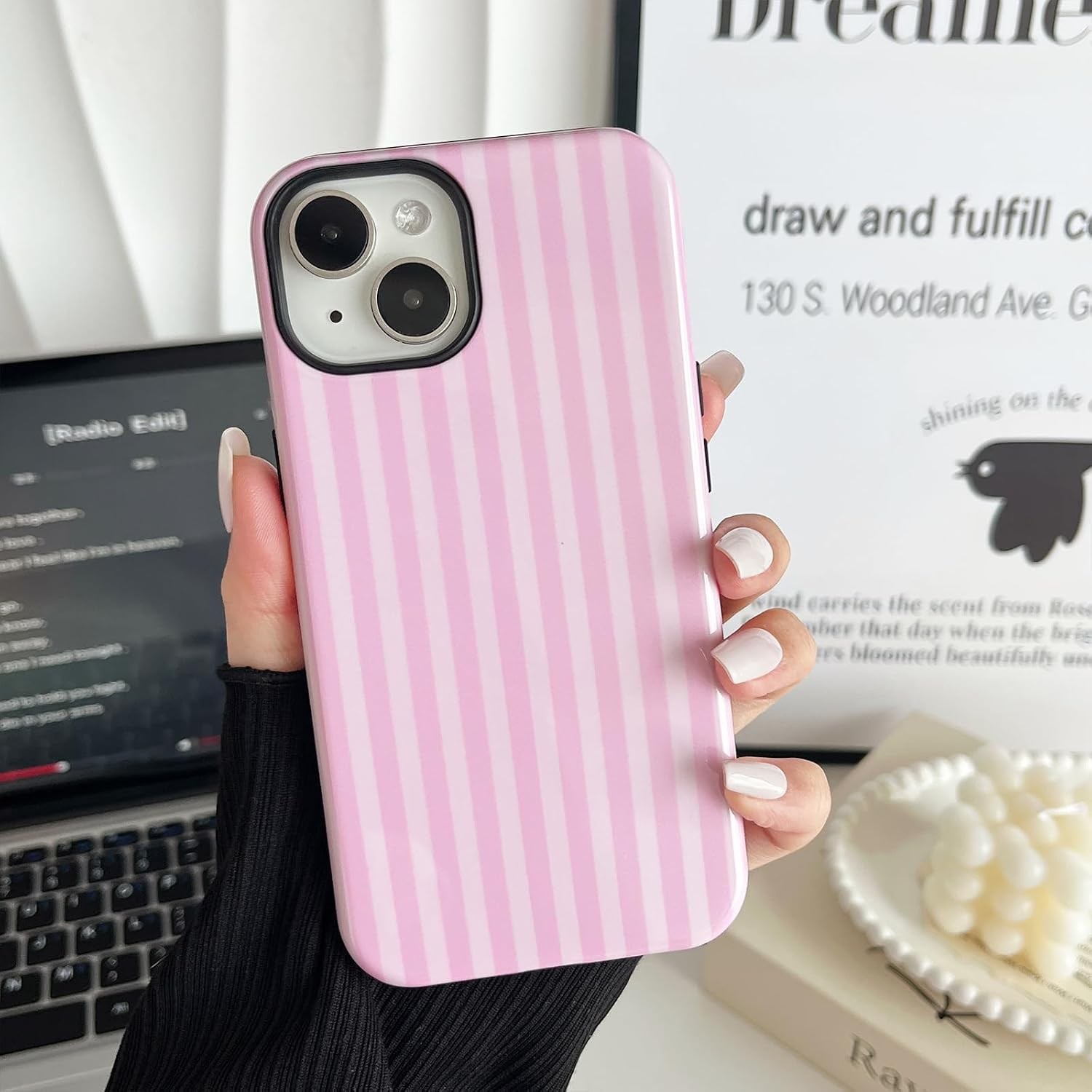 Compatible with iPhone 15 Case, Cute Fashion Aesthetic Striped Pattern Cover for Women, Shockproof Soft TPU and Hard PC Protective Phone Case for iPhone 15 6.1"- Pink