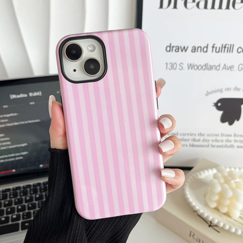 Compatible with iPhone 15 Case, Cute Fashion Aesthetic Striped Pattern Cover for Women, Shockproof Soft TPU and Hard PC Protective Phone Case for iPhone 15 6.1"- Pink
