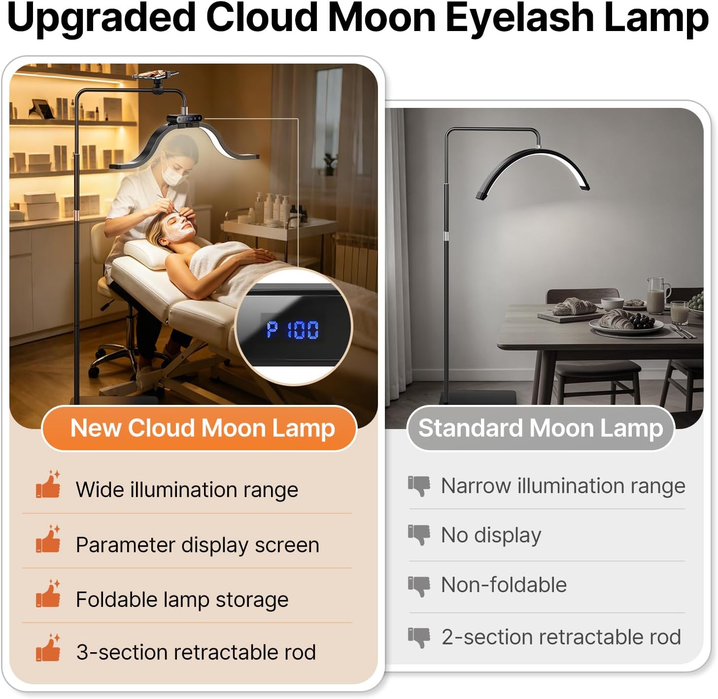 Lash Light for Eyelash Tech-Esthetician Ring Light, Half Moon Light for Led Lash Lamp Extensions, Tattoo Artists, Nail Tech - Cool, Warm Lamp with Adjustable Brightness & Height, Phone Holder (Black)