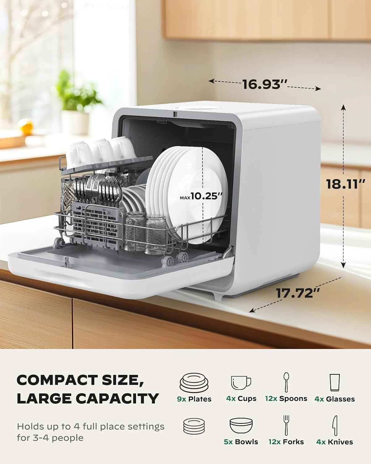 Silonn Portable Countertop Dishwasher, 5L Tank No Plumbing Needed 7 Wash Prog 360° Spray, 4-Place Settings Dishwasher Auto Dry for Apartments RVs Dorms